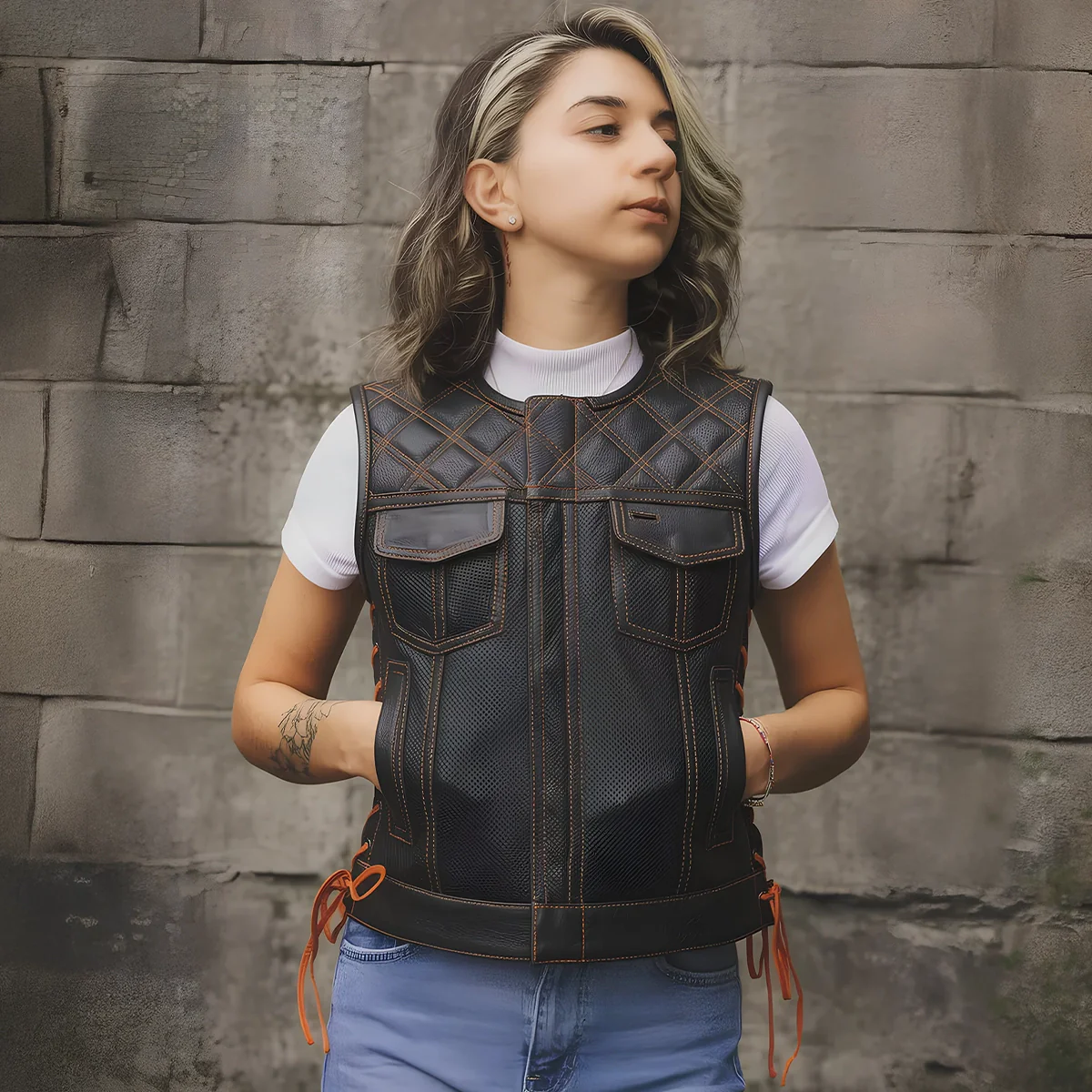 Bonnie Perforated Women's Motorcycle Leather Vest - Image 6