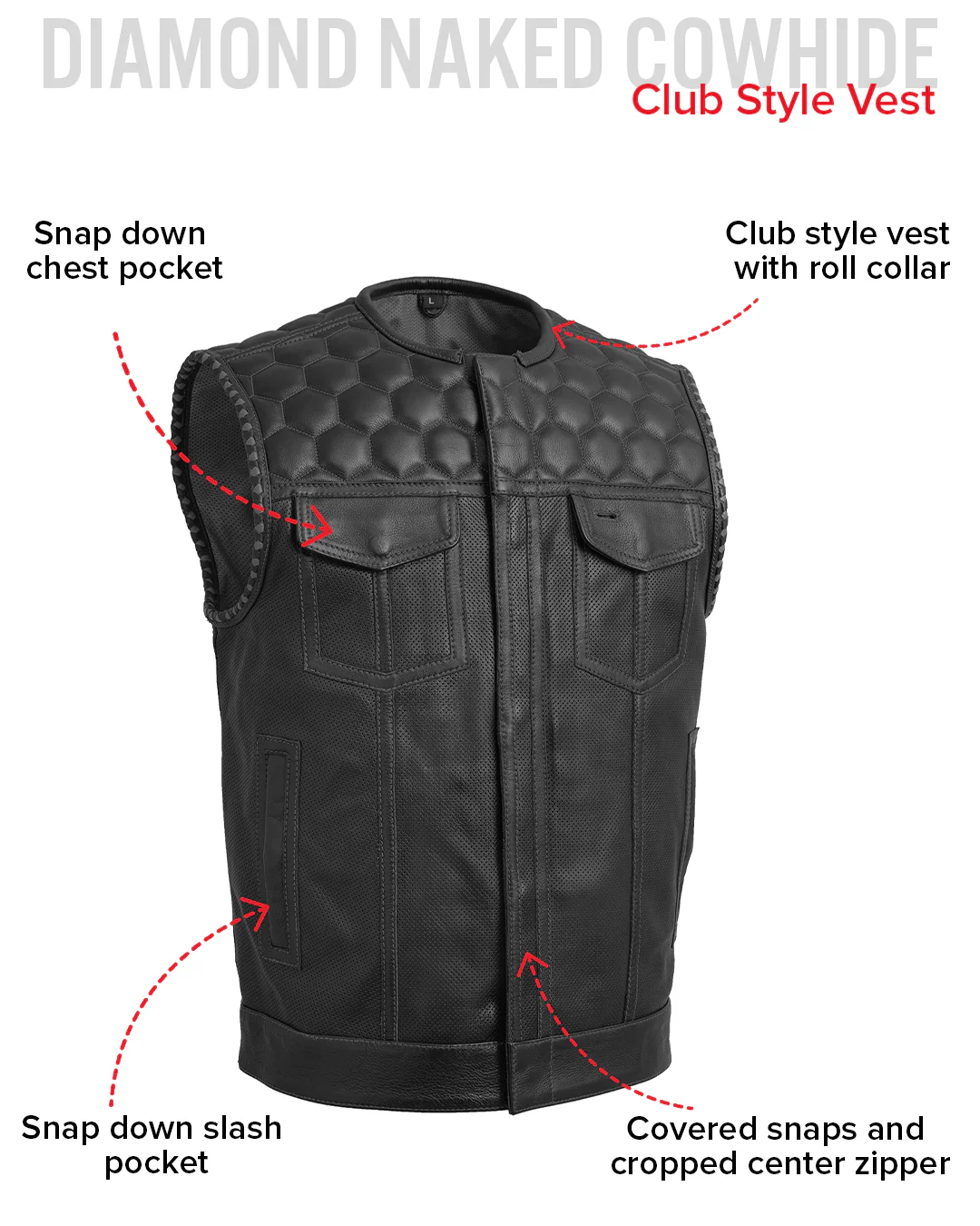 Hornet Perforated Men's Club Style Leather Vest - Image 20