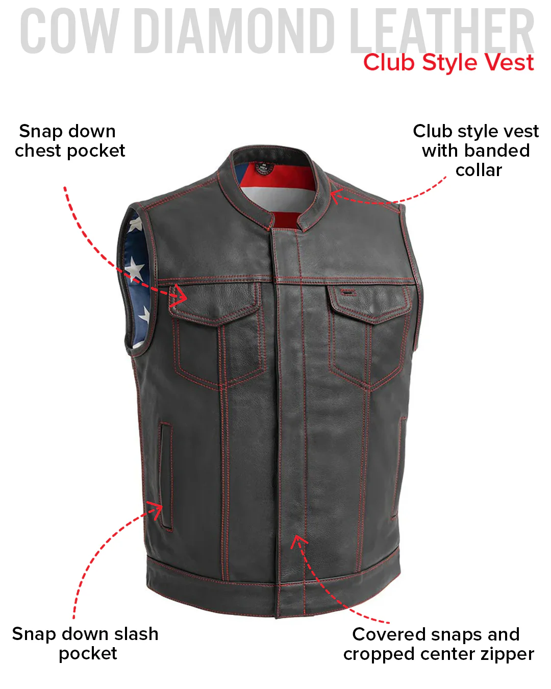 Born Free Men's Leather Motorcycle Leather Vest - Red Stitch - Image 6