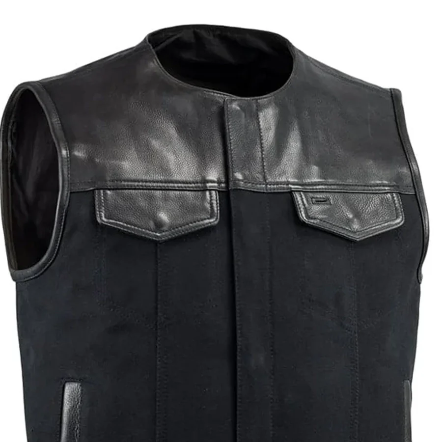 49/51 - No Collar Men's Leather/Canvas Motorcycle Vest - Image 3