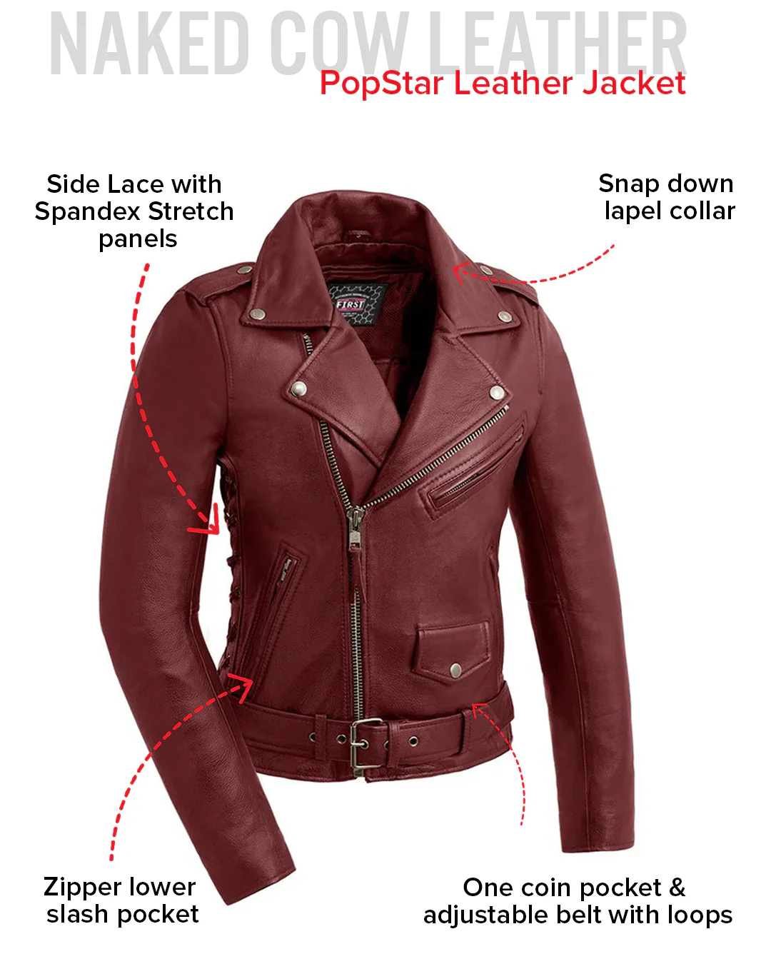 Popstar Women's Motorcycle Leather Jacket Oxblood - Image 15