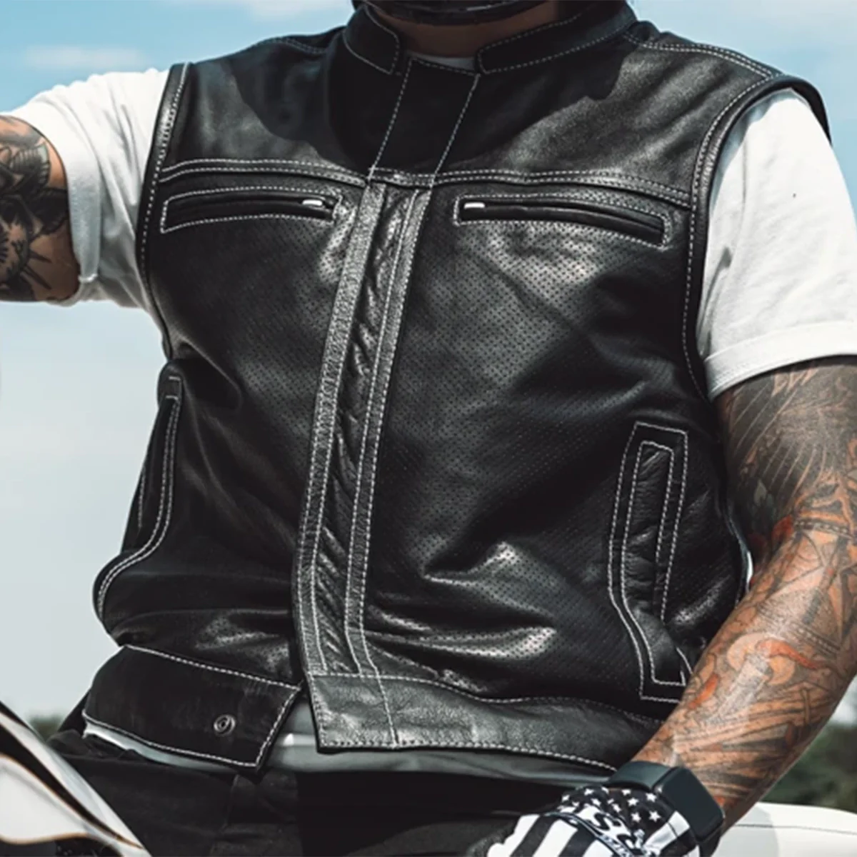 Sharp Shooter Perforated Men's Motorcycle Leather Vest - Image 15